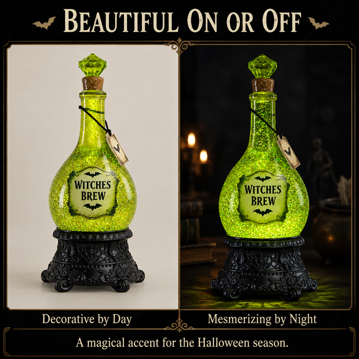 Summerween Poison Bottle Glitter Globe Green Light Up Halloween Decoration for Mantel, Coffee Table, Desk and Collector Shelf Display