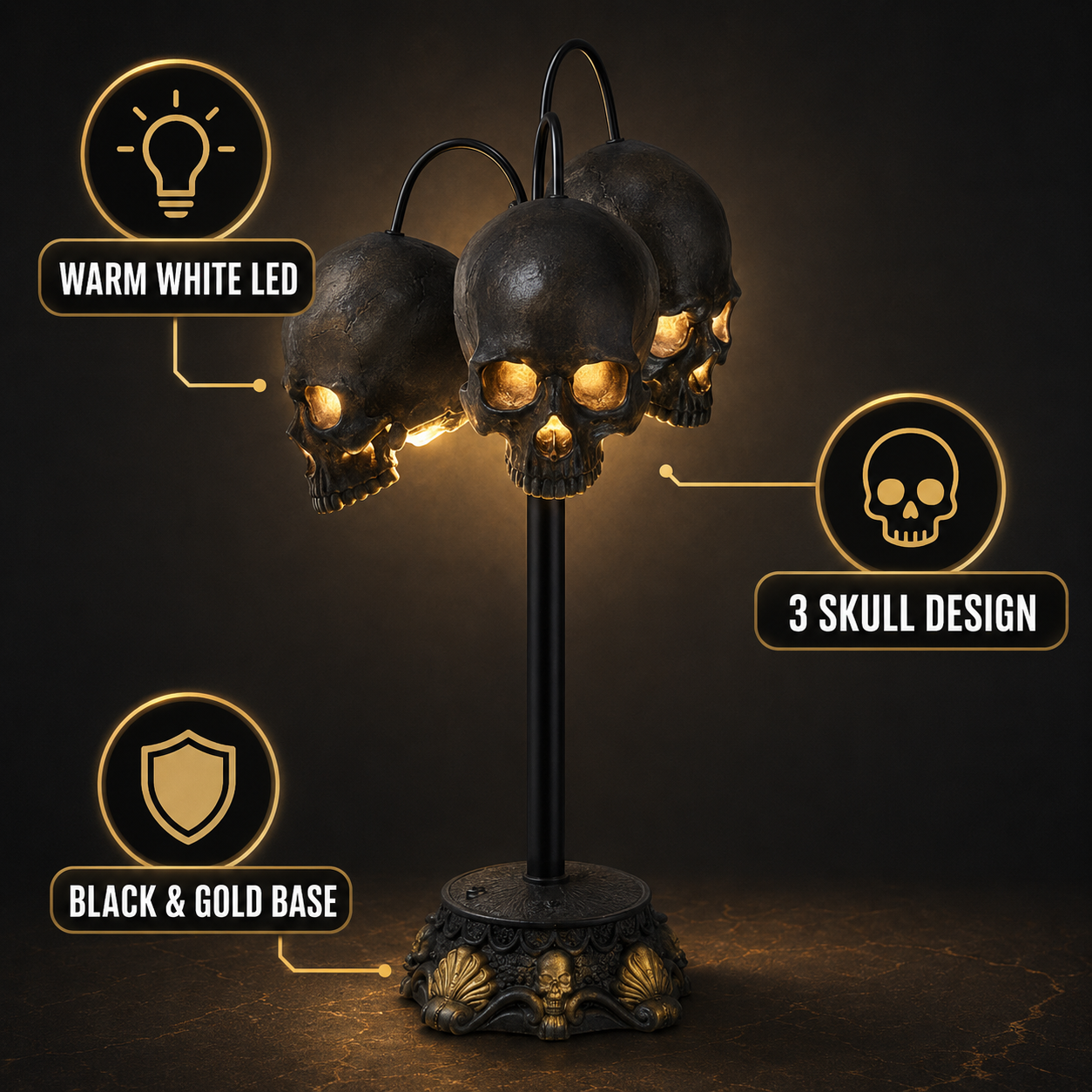 Halloween Black Skulls Lamp, Spooky LED Table Lamp with Stacked Skull Style, Warm White Glow, Battery Powered Design, Black and Gold Base, 6 Hour Timer for Halloween Shelf, Entryway