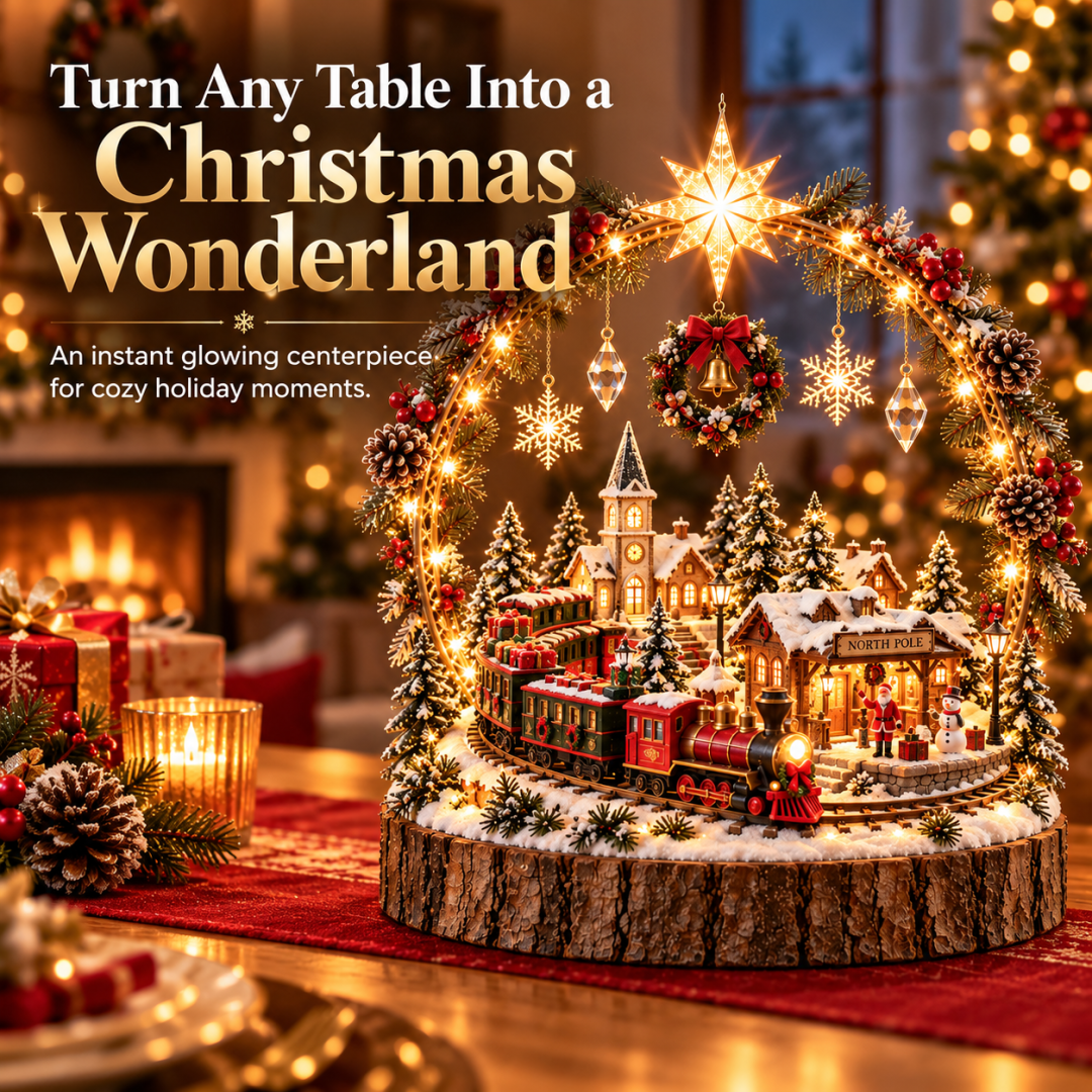 Christmas Wonderland Village centerpiece with star topper festive arch and snowy winter town