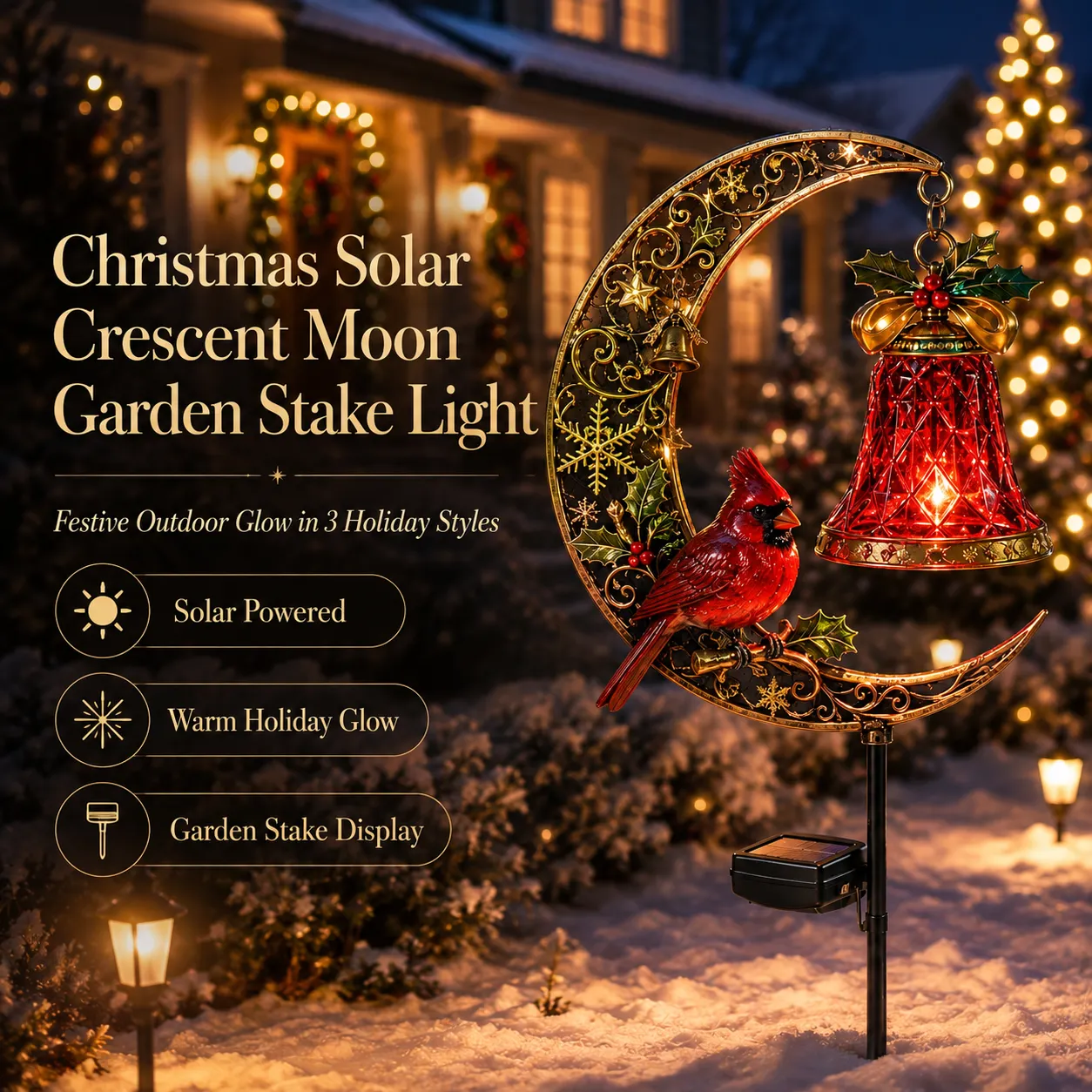 🌙 Christmas Crescent Moon Garden Stake Light – 3 Holiday Styles