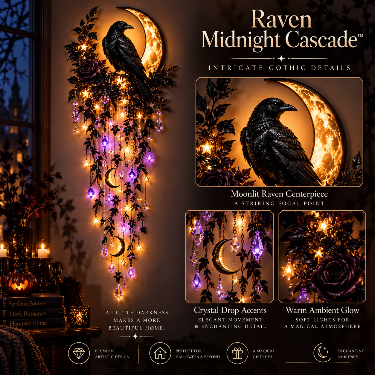 Raven Midnight Gothic Halloween wall light detail