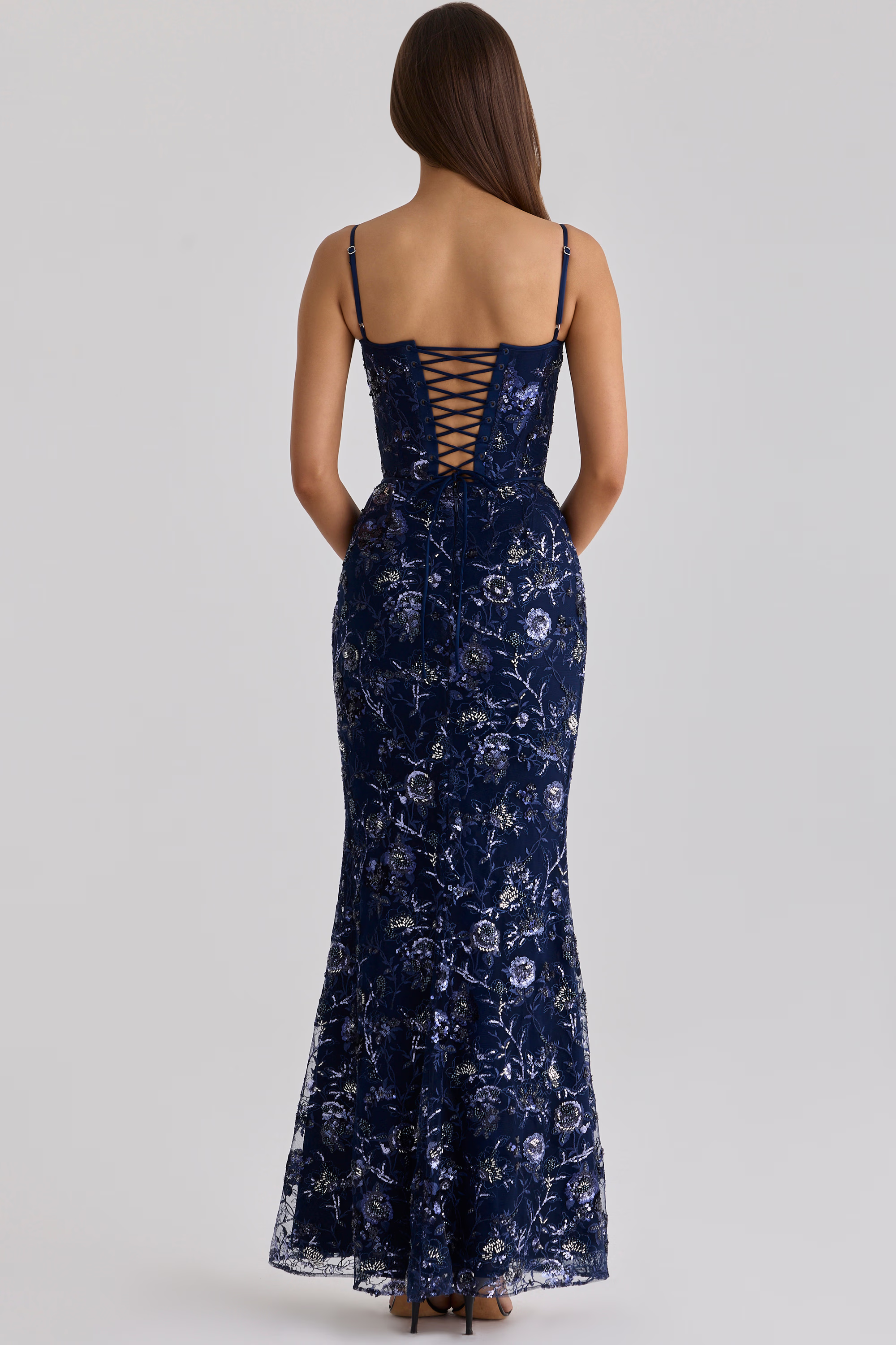 Navy Hand Beaded Embellished Corset Maxi Dress