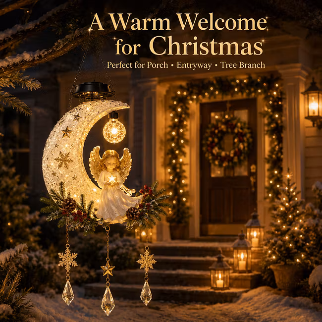 ✨ Angel Moon Christmas Solar Hanging Light – Warm Golden Glow