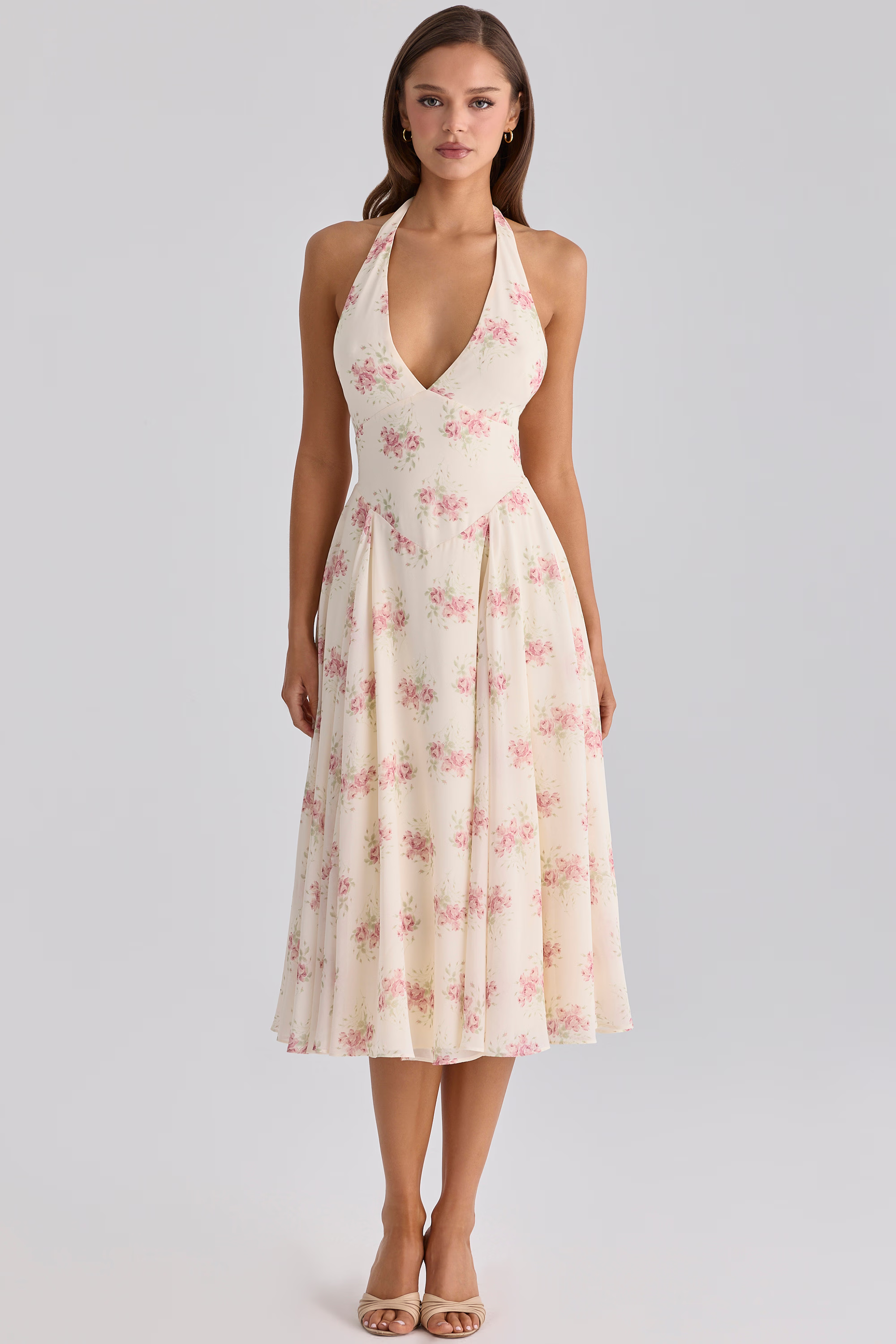 Ivory Vintage Rose Print Georgette Midi Halter Dress