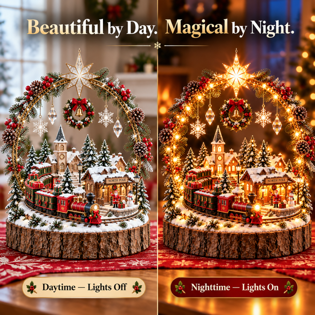 Detailed Christmas village centerpiece with starlit arch and miniature holiday scenery