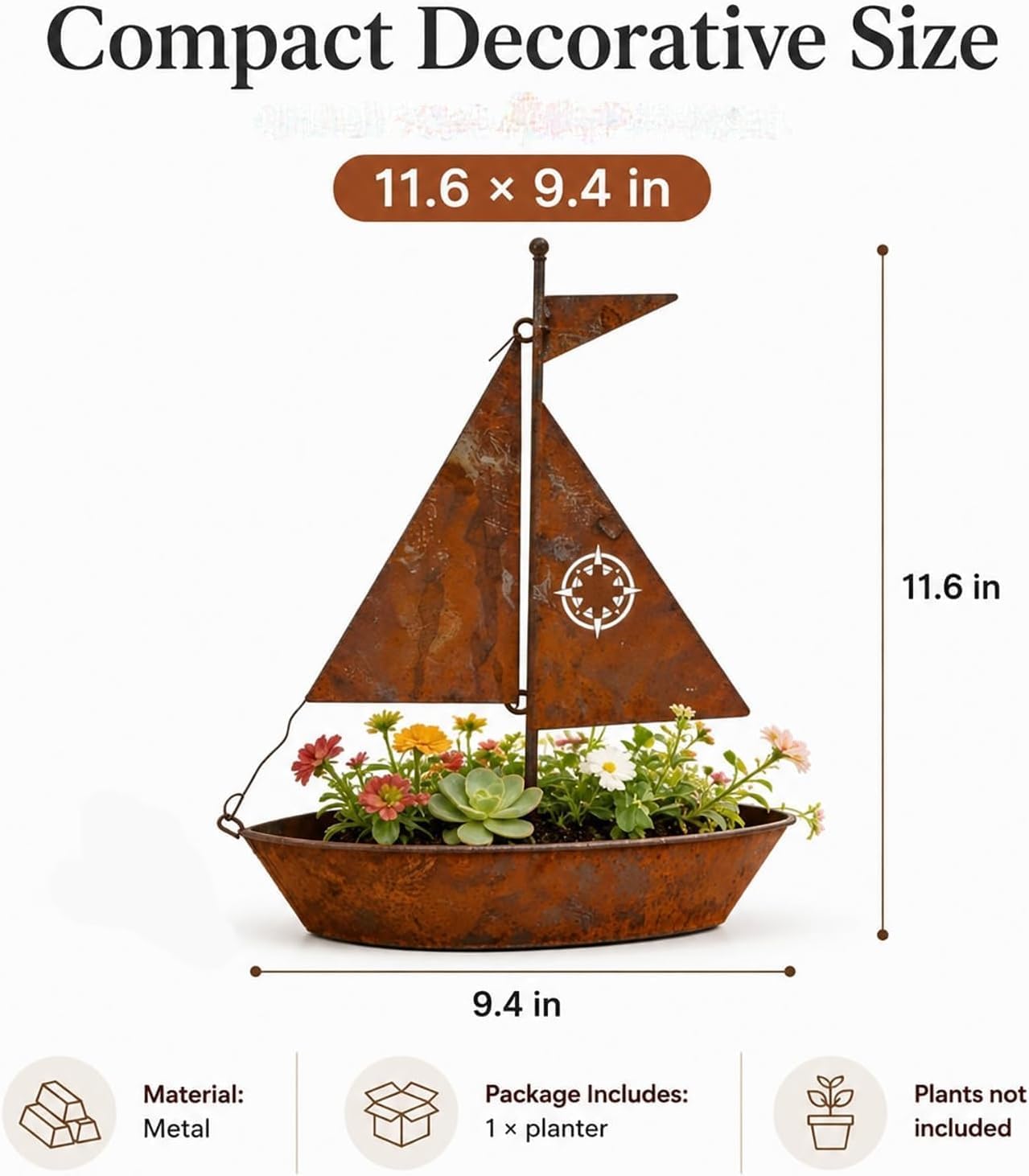 Metal Sailboat Planter, Rustic Nautical Boat Shaped Planter for Garden Decor