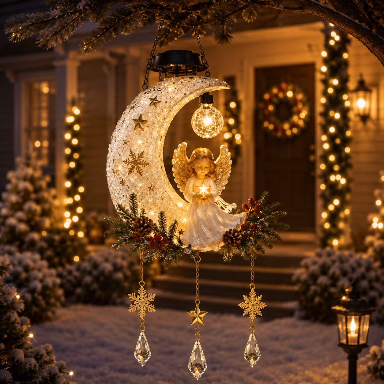 ✨ Angel Moon Christmas Solar Hanging Light – Warm Golden Glow