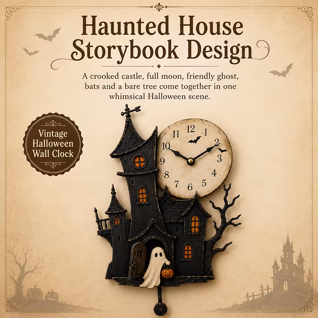 🎃 Vintage Haunted House Pendulum Clock – Storybook Halloween Wall Art