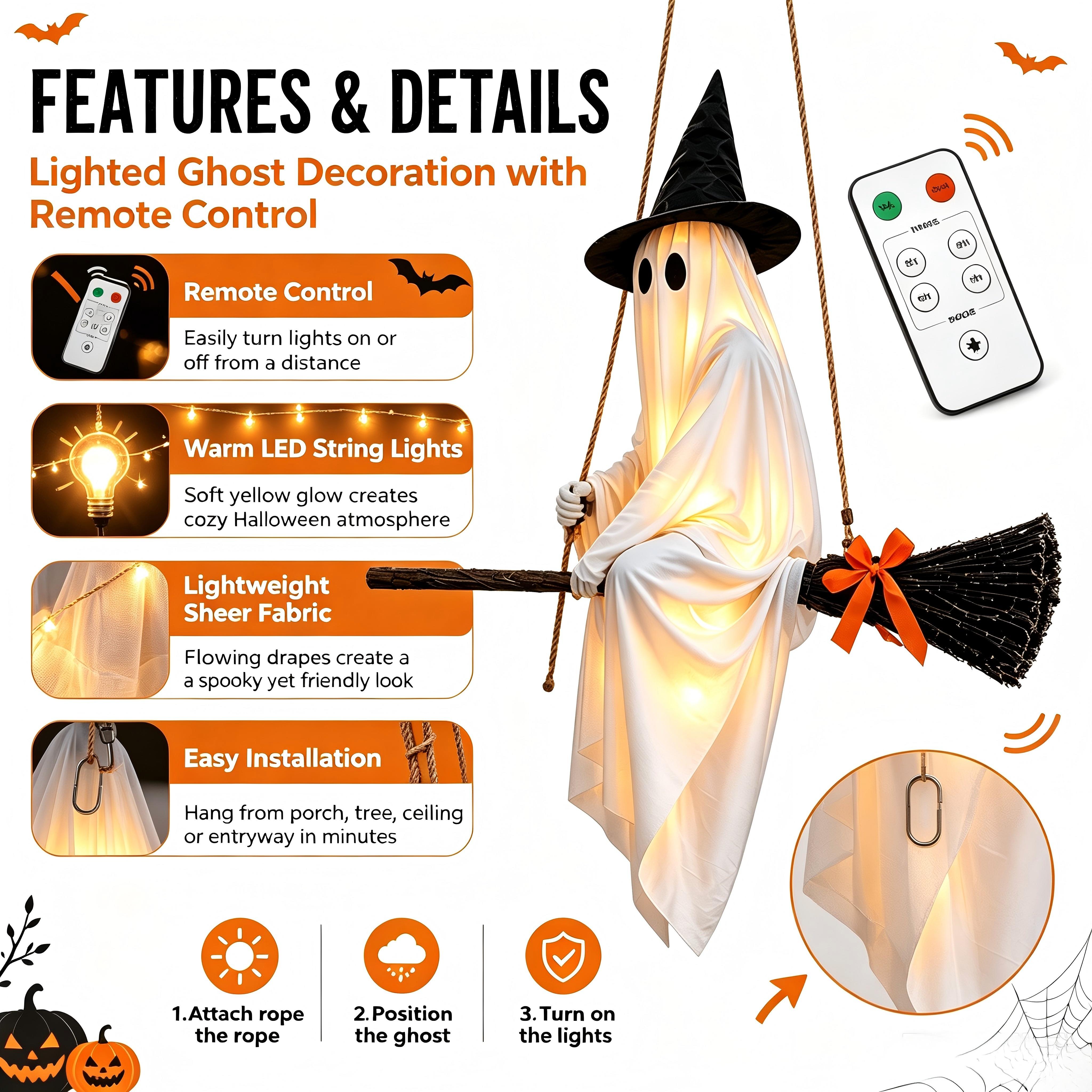 Clearance 5 FT Hanging Ghost Decor,Early Halloween Decorations Light-Up Flying Ghost on Broomstick with Witch Hat, Witch Broom, Spooky Cute Outdoor Halloween Decorations for Front Porch Yard Tree