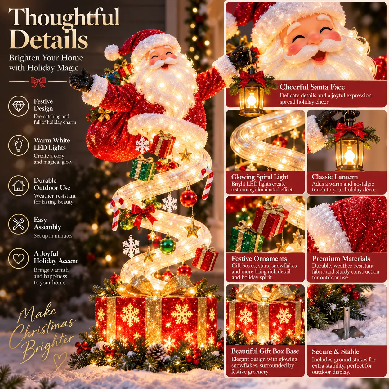 Thoughtful details of the lighted Santa spiral decoration showing LED lights and festive ornaments