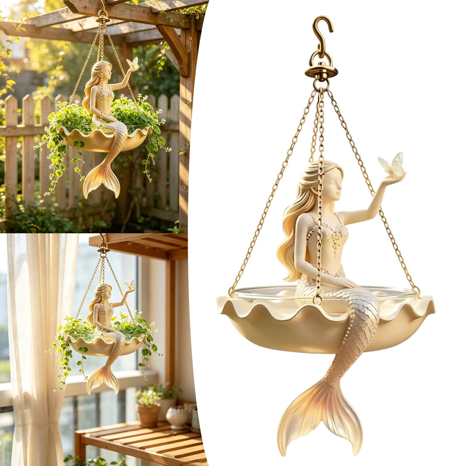 Mermaid Hanging Planter with Chain Resin Decorative Pot for Outdoor Garden Patio Balcony Trailing Plants 5.9 Inch