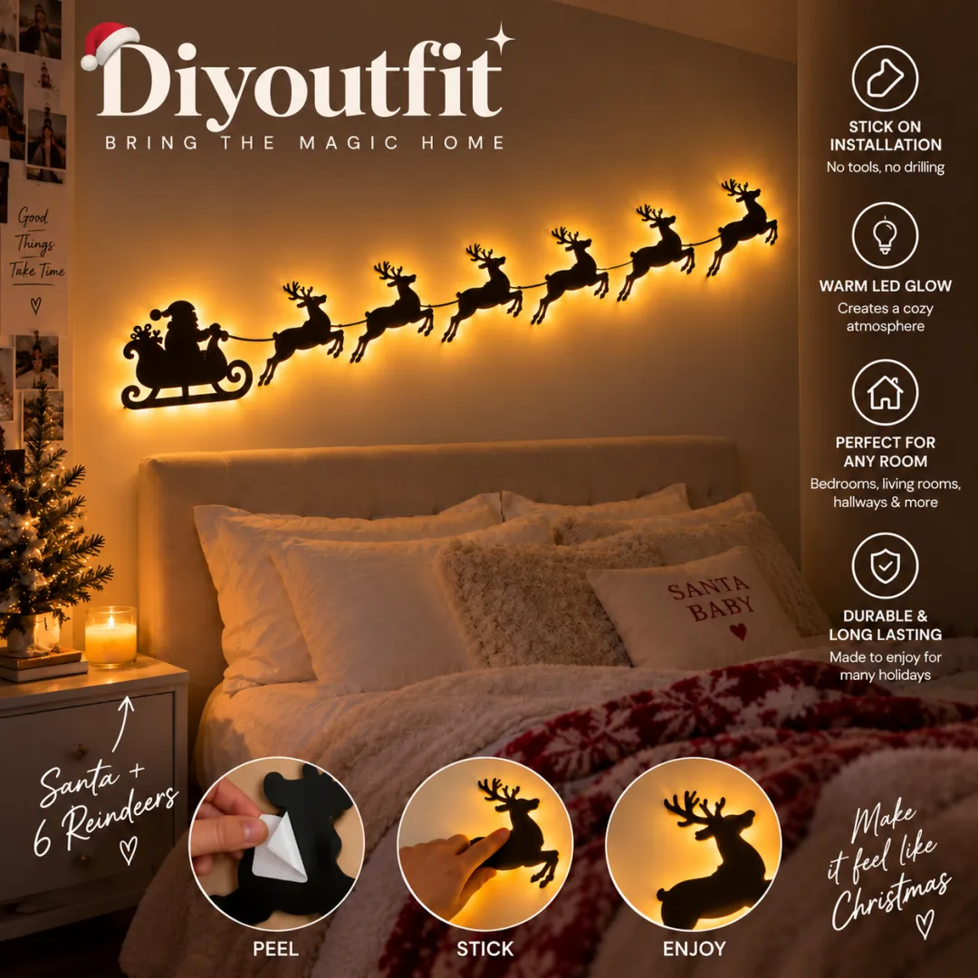 🎄 Santa & 6 Reindeer LED Wall Decor