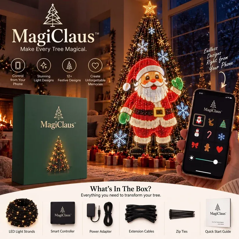 Smart animated Christmas tree lights displaying Santa Claus and Christmas designs with smartphone control