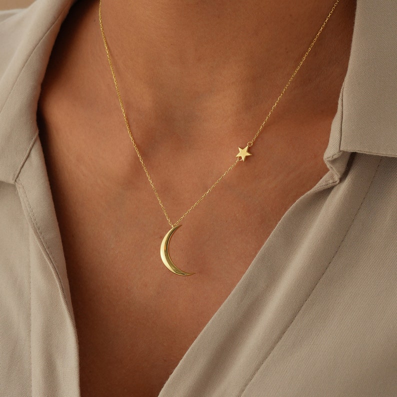 Crescent Moon Necklace, Gold Half Moon with Star Necklace, Gold Statement Gift, Dainty Gold Moon Charms, Gift For Her, Dainty Luna Necklace