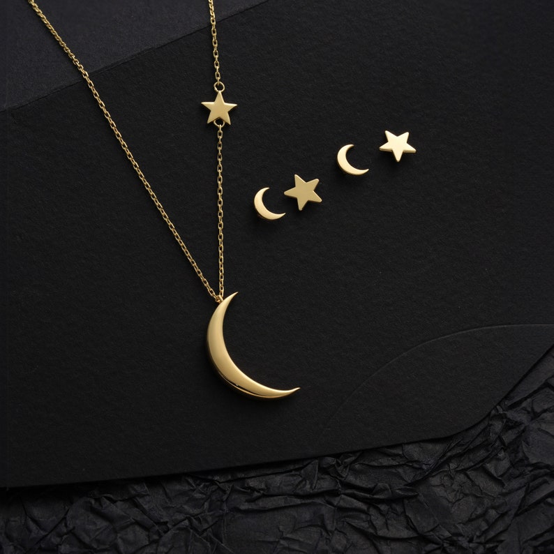 Crescent Moon Necklace, Gold Half Moon with Star Necklace, Gold Statement Gift, Dainty Gold Moon Charms, Gift For Her, Dainty Luna Necklace