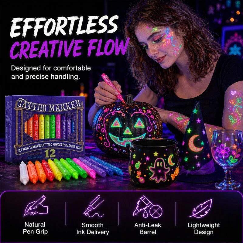 🔥 LAST DAY: 49% OFF! 🔥 12-Color UV Glow Body Paint Markers 🎨✨ Skin-Safe Fluorescent Tattoo Pens for Festivals & Parties 🌟