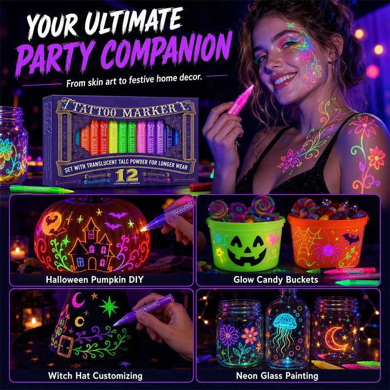 🔥 LAST DAY: 49% OFF! 🔥 12-Color UV Glow Body Paint Markers 🎨✨ Skin-Safe Fluorescent Tattoo Pens for Festivals & Parties 🌟