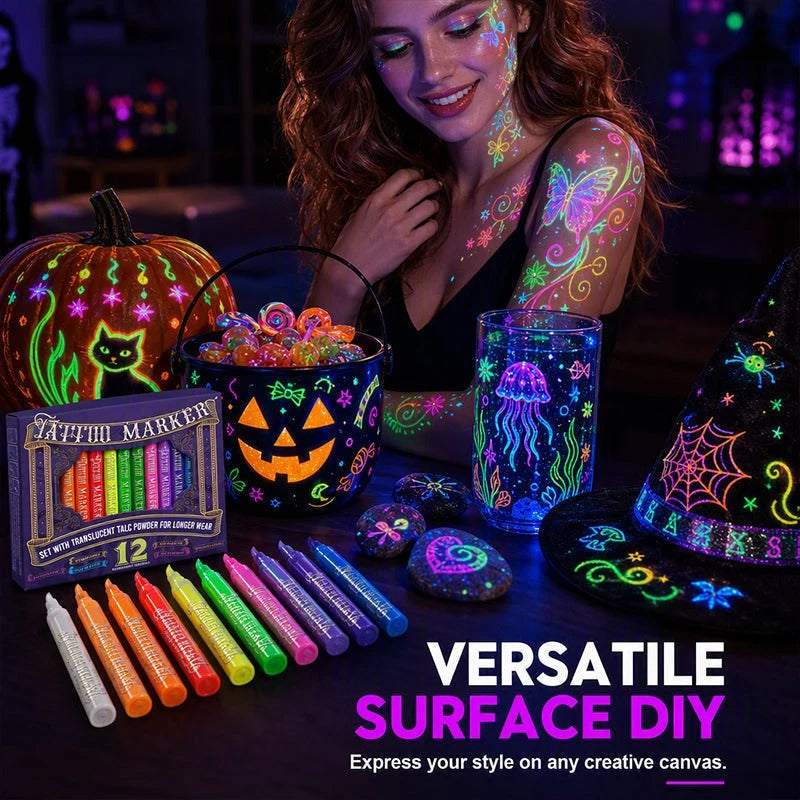 🔥 LAST DAY: 49% OFF! 🔥 12-Color UV Glow Body Paint Markers 🎨✨ Skin-Safe Fluorescent Tattoo Pens for Festivals & Parties 🌟