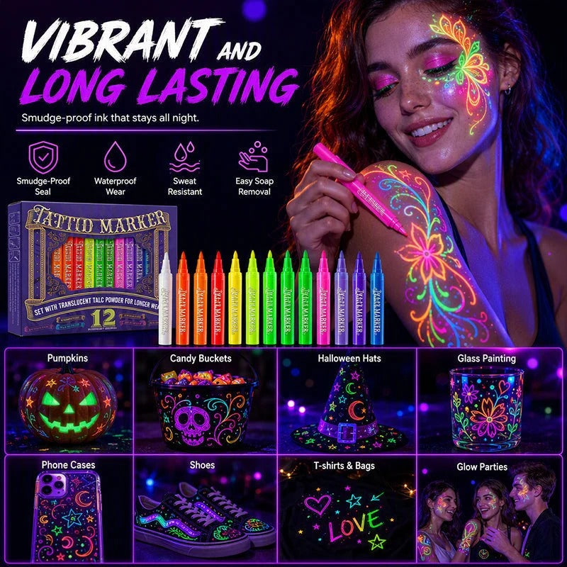 🔥 LAST DAY: 49% OFF! 🔥 12-Color UV Glow Body Paint Markers 🎨✨ Skin-Safe Fluorescent Tattoo Pens for Festivals & Parties 🌟