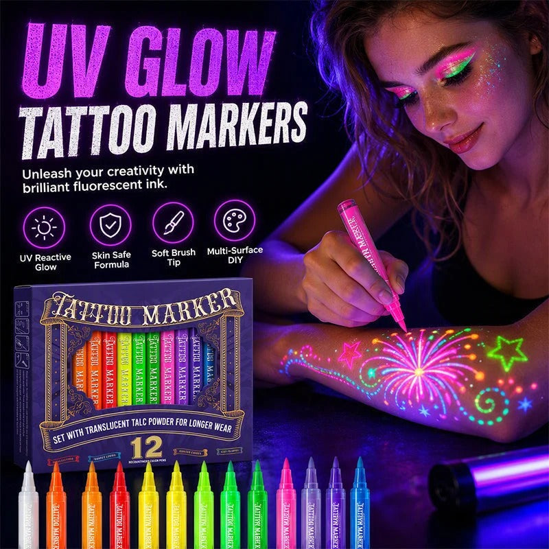 🔥 LAST DAY: 49% OFF! 🔥 12-Color UV Glow Body Paint Markers 🎨✨ Skin-Safe Fluorescent Tattoo Pens for Festivals & Parties 🌟