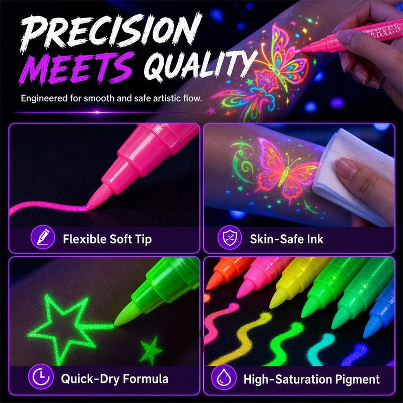 🔥 LAST DAY: 49% OFF! 🔥 12-Color UV Glow Body Paint Markers 🎨✨ Skin-Safe Fluorescent Tattoo Pens for Festivals & Parties 🌟