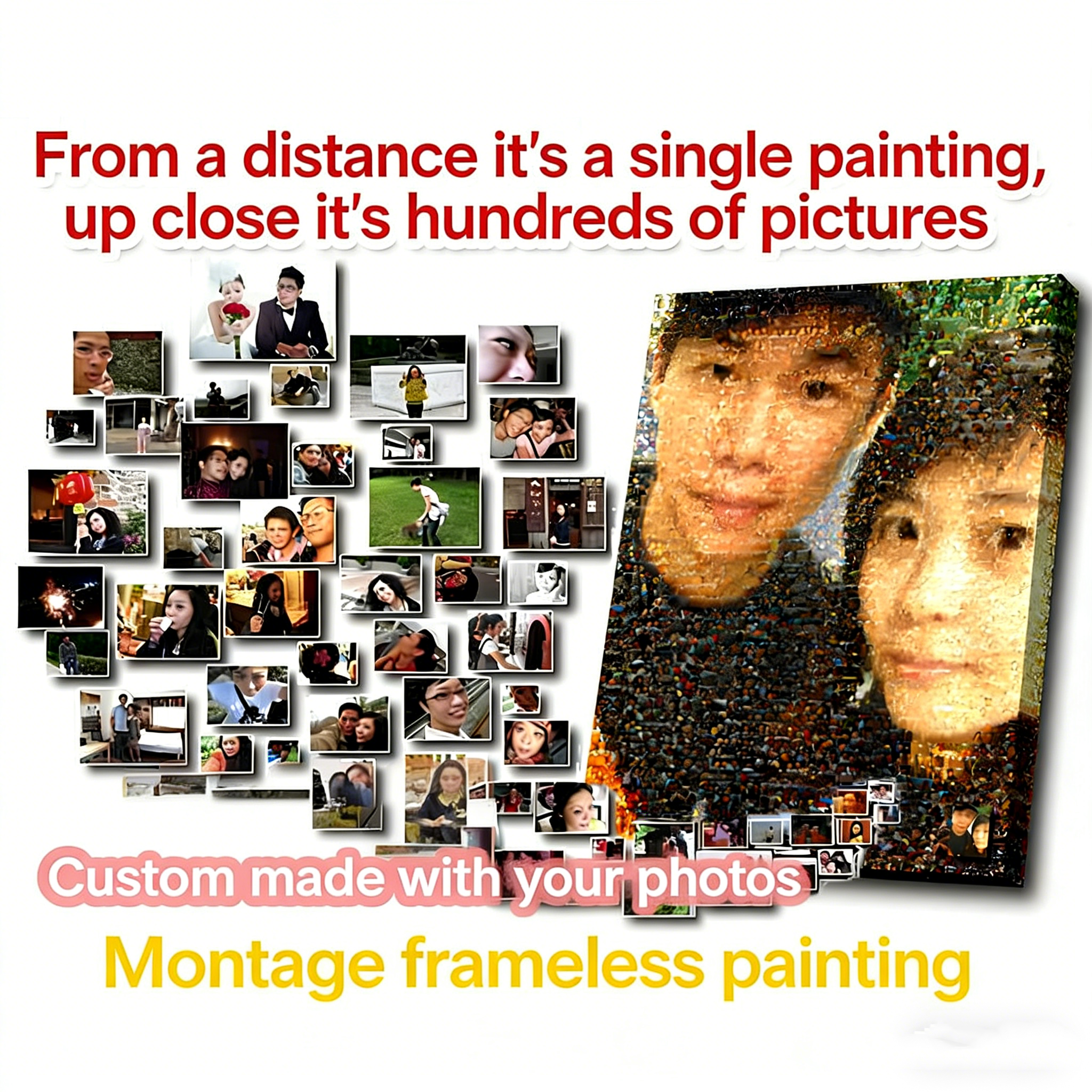 Custom-made frameless montage paintings that combine multiple photos into a single, personalized artwork.