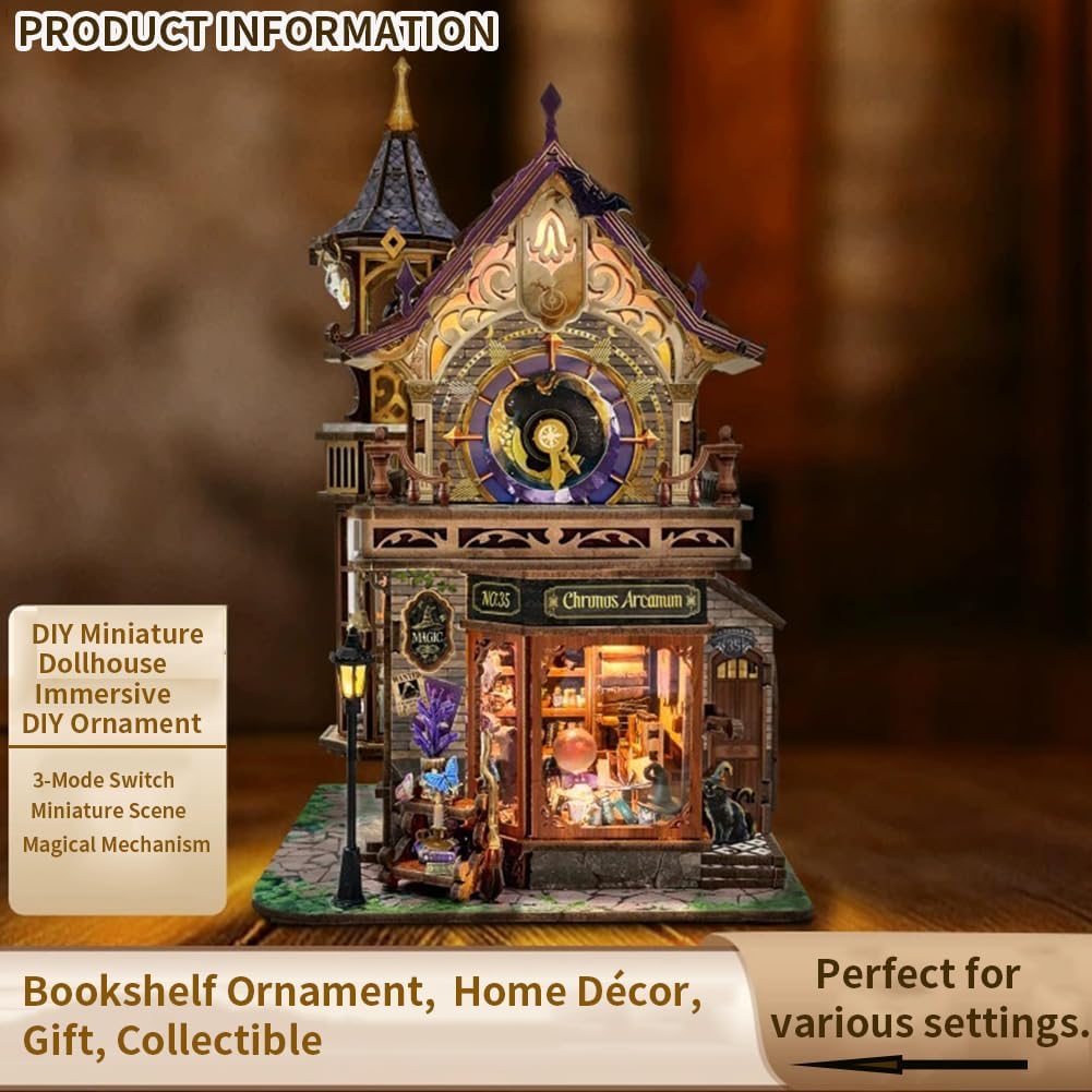 🕰️DIY Book Nook Kit with LED Lights Retro Clock Theme 3D Mini Wooden Puzzle Decor for Adults & Teens