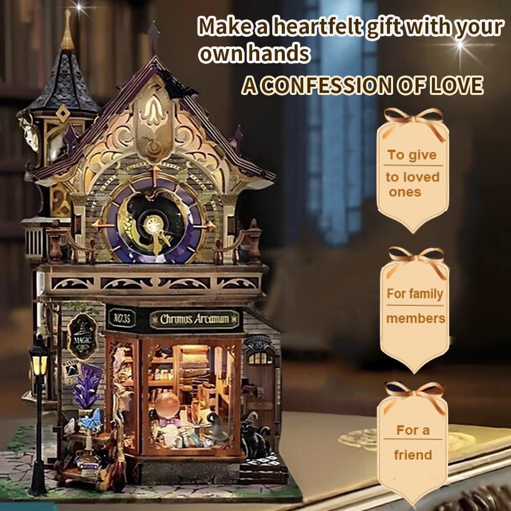 🕰️DIY Book Nook Kit with LED Lights Retro Clock Theme 3D Mini Wooden Puzzle Decor for Adults & Teens