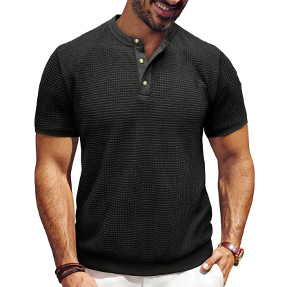 Men's Short-Sleeved Textured Knit Henley T-Shirt Pullover