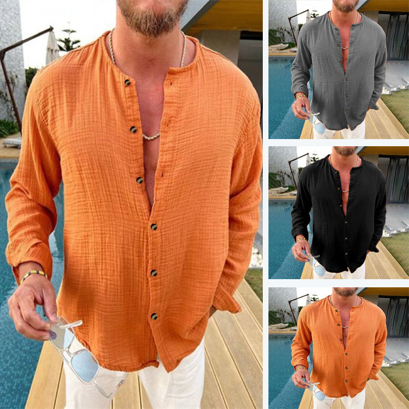 Double-layer Wrinkled Men's Loose Casual Wrinkle-sense Long-sleeved Shirt with Stand Collar