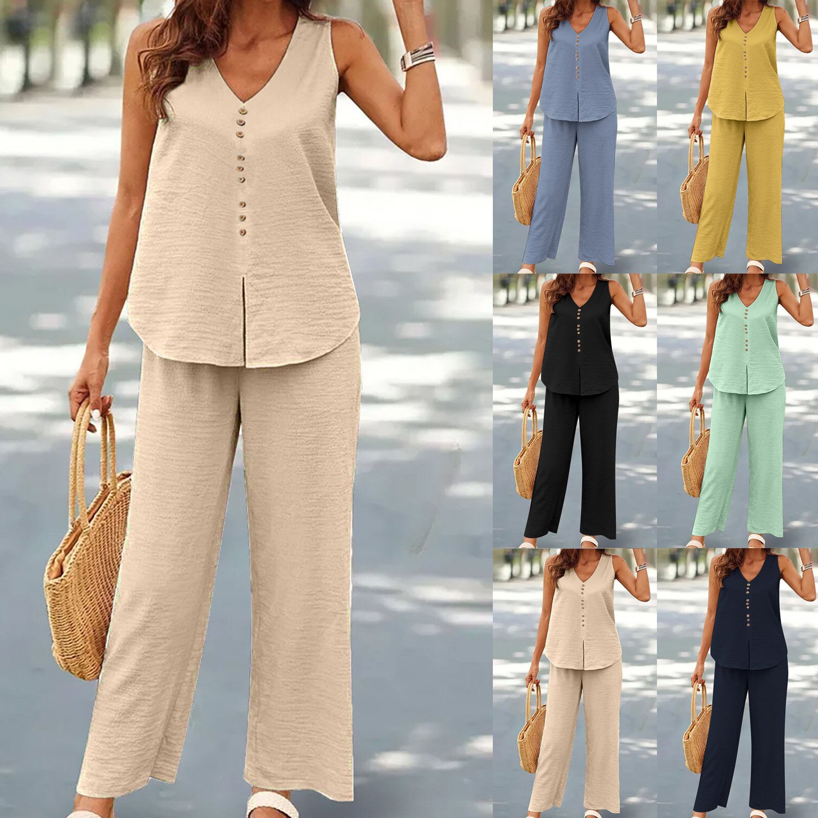 V-neck casual solid color printed tank top wide leg pant suit