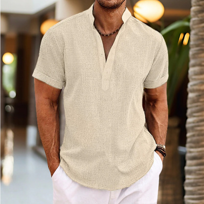 Solid Color Stand Collar Short-Sleeve Pullover Shaping Minimalist Shirt