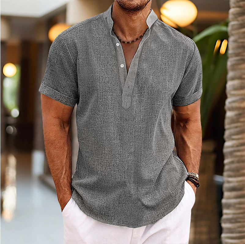 Solid Color Stand Collar Short-Sleeve Pullover Shaping Minimalist Shirt