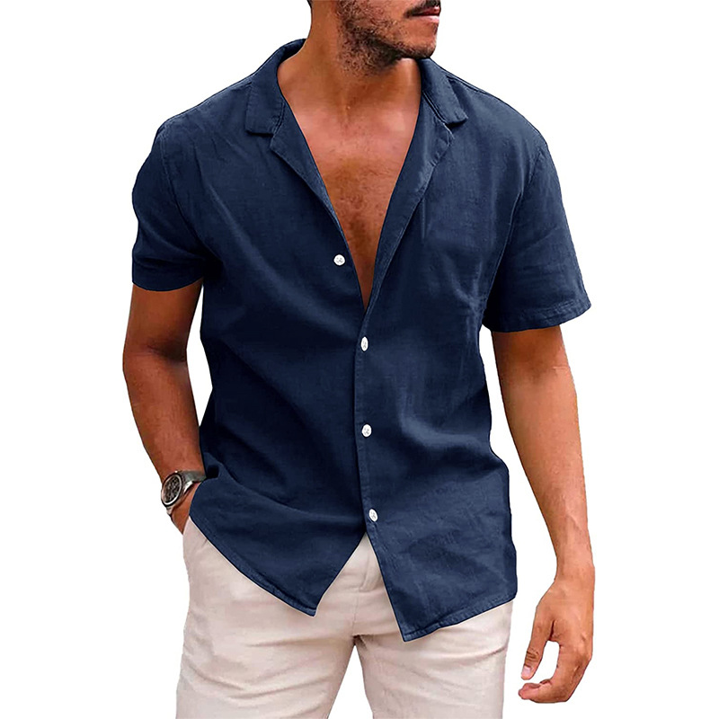 Summer Men's Button-Up Short-Sleeved Turn-Down Collar Solid Color Cotton Linen Shirt