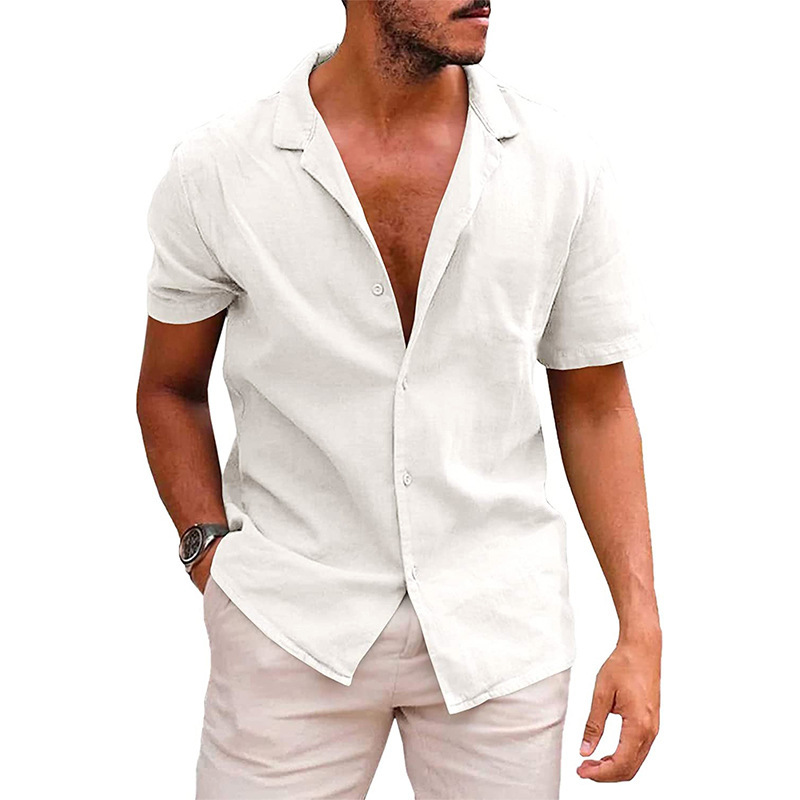 Summer Men's Button-Up Short-Sleeved Turn-Down Collar Solid Color Cotton Linen Shirt