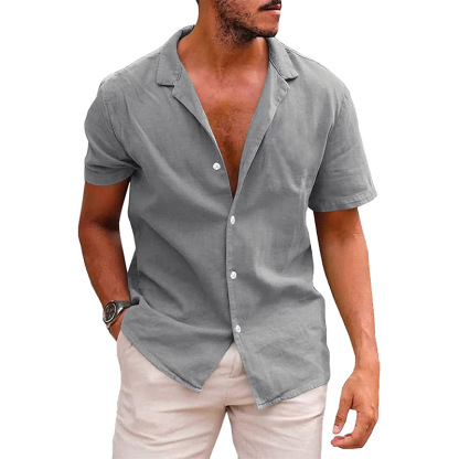 Summer Men's Button-Up Short-Sleeved Turn-Down Collar Solid Color Cotton Linen Shirt