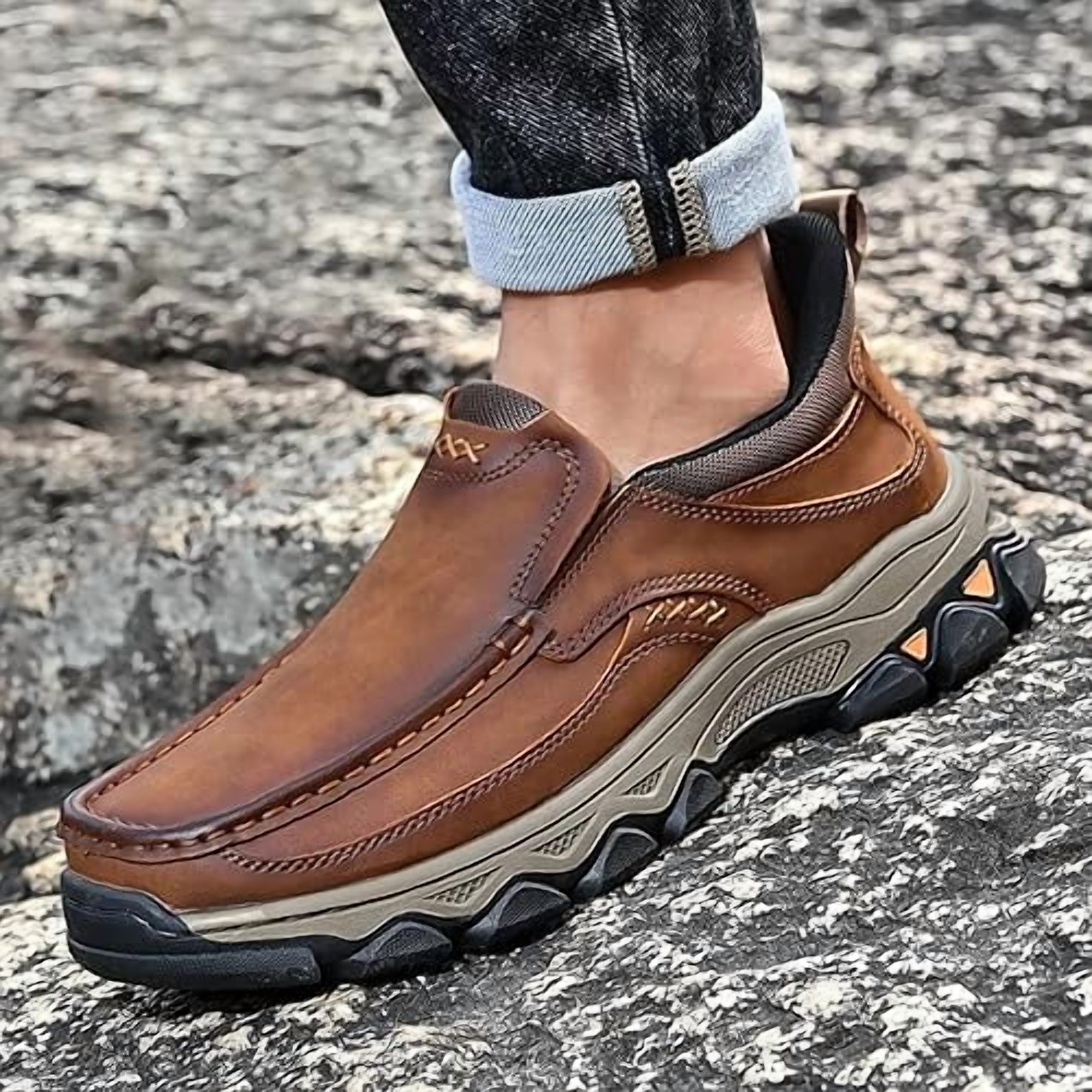 Ideacloth Shoes for Men, 2025 New Men's Orthopedic Hands-Free Genuine Leather Slip on Loafers, Orthopedic Hiking Shoes