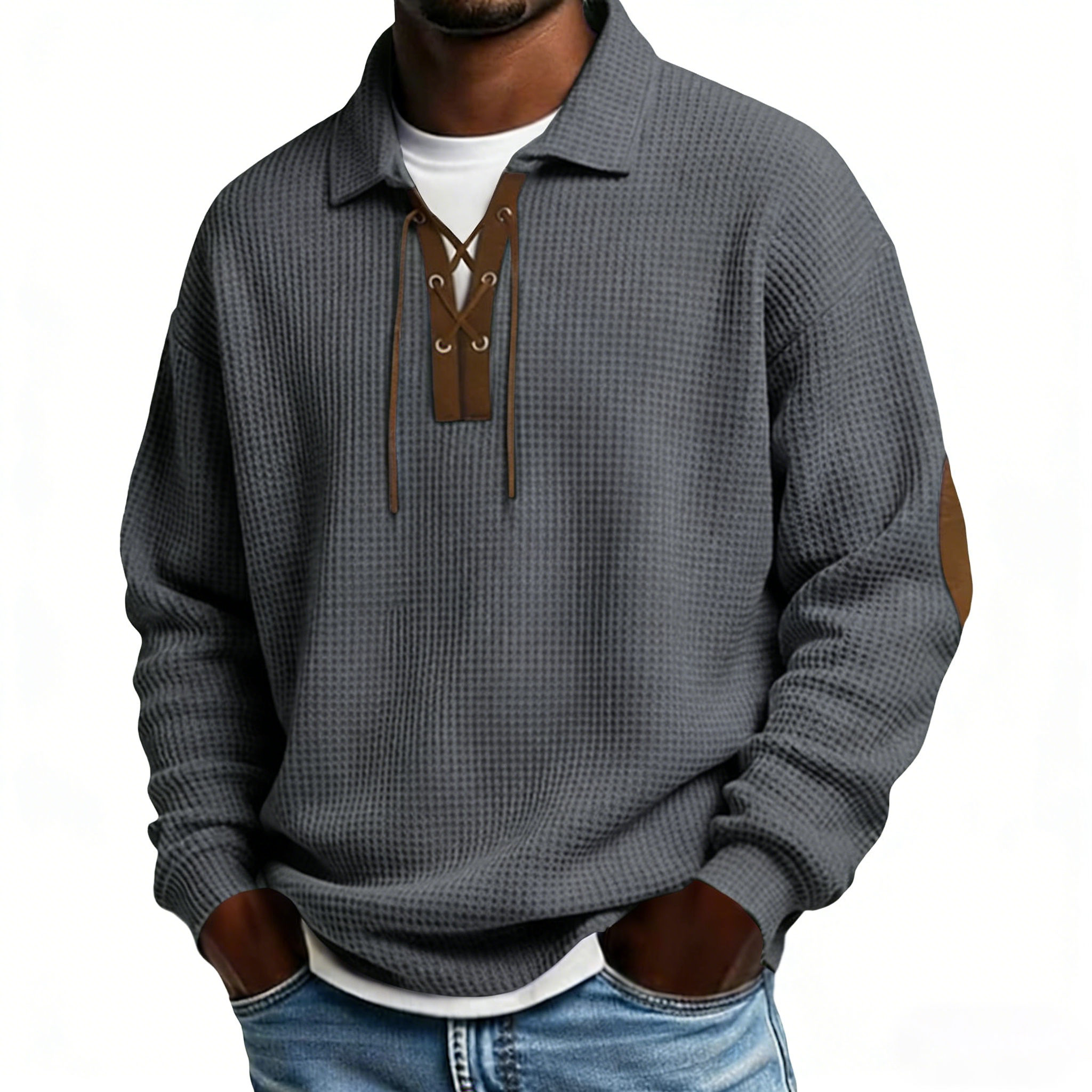 Men's long-sleeved solid color polo shirt/sweatshirt