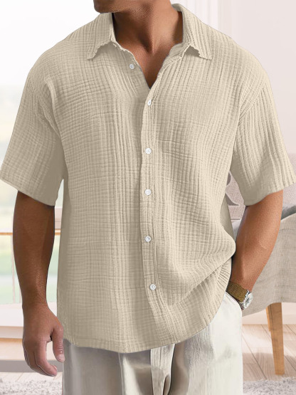 Men's Casual Cotton Short-sleeved Shirt with Lapel