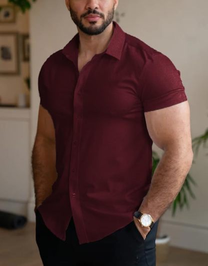 Men’s Muscle Fit Dress Shirts Athletic Slim Fit Short Sleeve Stretch Casual Button Down Shirt