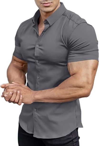 Men’s Muscle Fit Dress Shirts Athletic Slim Fit Short Sleeve Stretch Casual Button Down Shirt