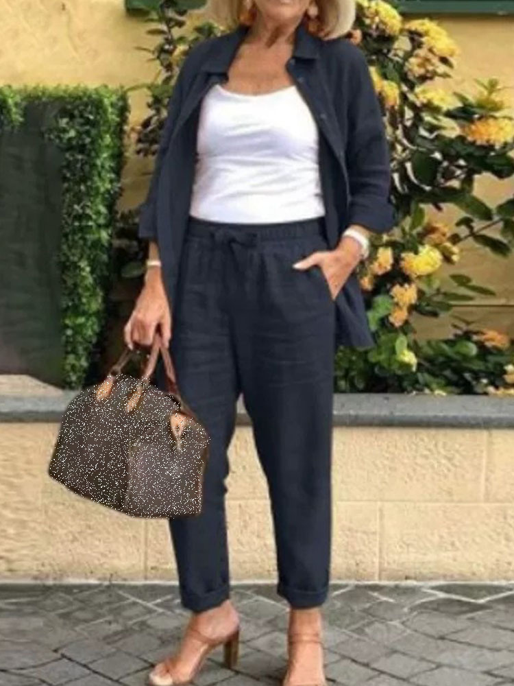 Solid Cotton Linen Women Suits  Casual