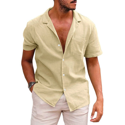 Summer Men's Button-Up Short-Sleeved Turn-Down Collar Solid Color Cotton Linen Shirt