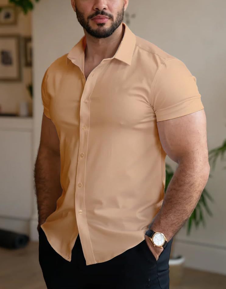 Men’s Muscle Fit Dress Shirts Athletic Slim Fit Short Sleeve Stretch Casual Button Down Shirt