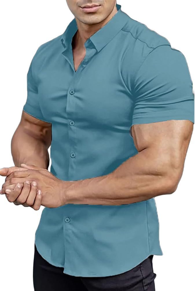 Men’s Muscle Fit Dress Shirts Athletic Slim Fit Short Sleeve Stretch Casual Button Down Shirt