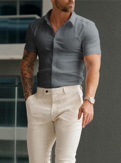 Men’s Muscle Fit Dress Shirts Athletic Slim Fit Short Sleeve Stretch Casual Button Down Shirt