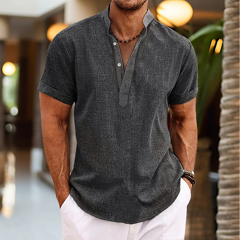 Solid Color Stand Collar Short-Sleeve Pullover Shaping Minimalist Shirt