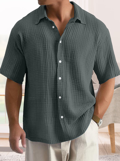 Men's Casual Cotton Short-sleeved Shirt with Lapel