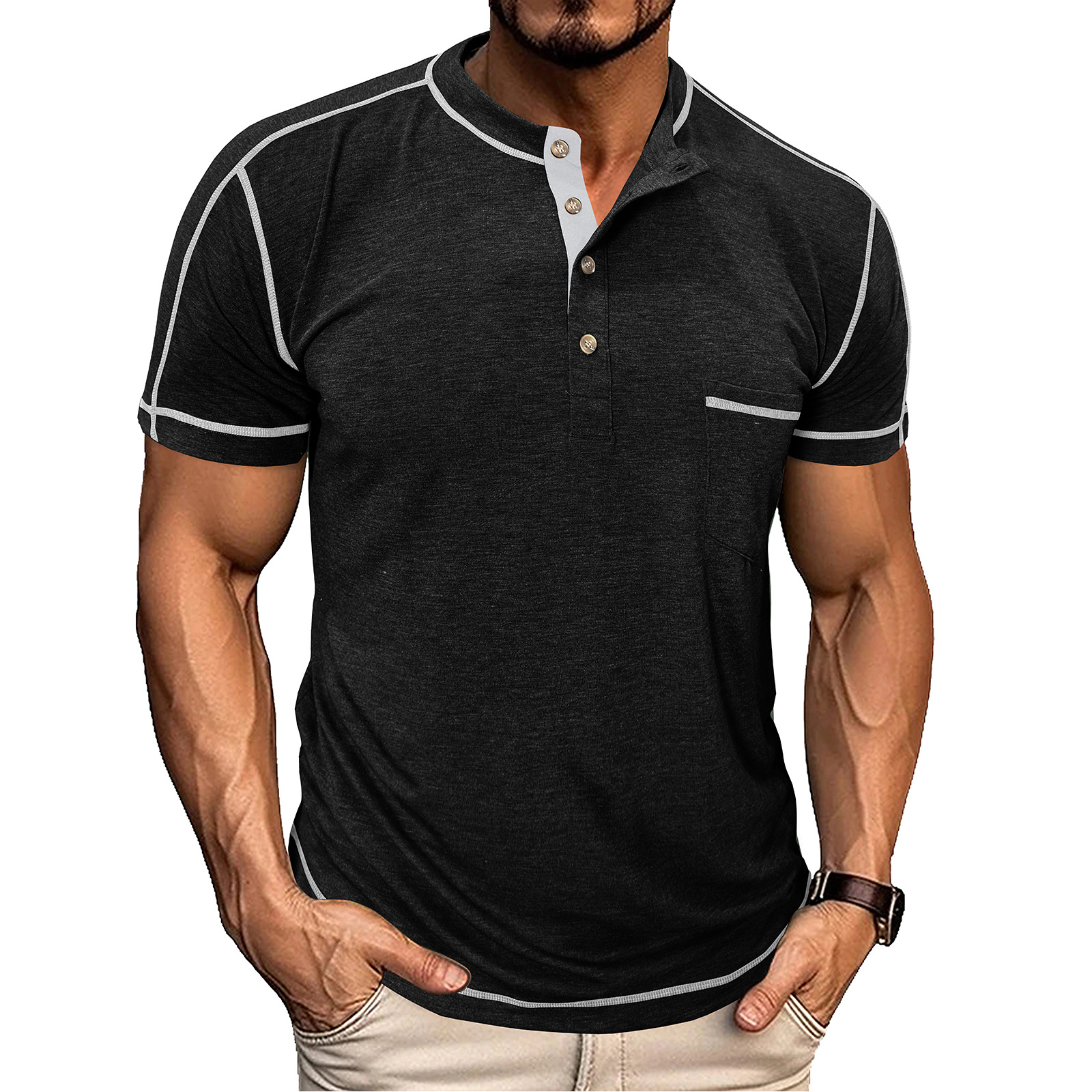 Men's Fashion Contrast-Color Short-Sleeve Henley Base Layer T-Shirt with Round Neck