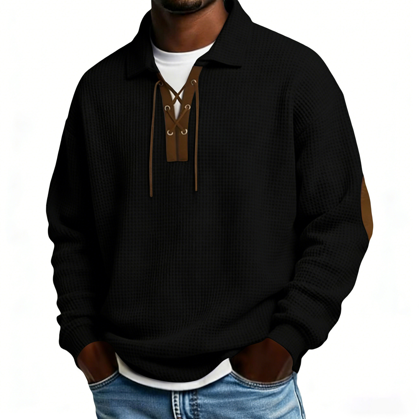 Men's long-sleeved solid color polo shirt/sweatshirt